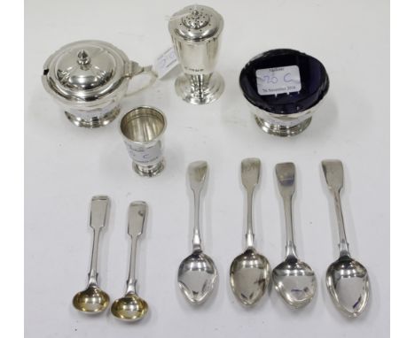 AN ART DECO STYLE CRUET SET c.1955 by Edward Bernard, a silver spirit measure and a small collection of silver spoons