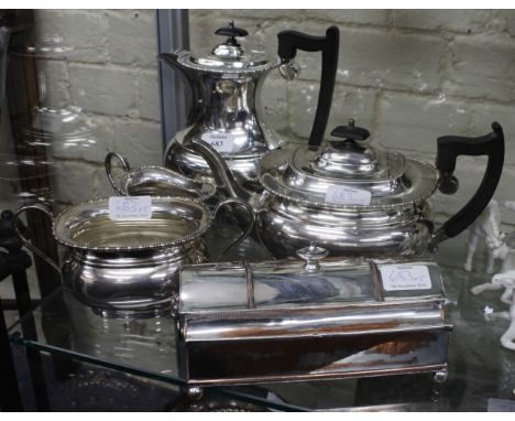 A SILVER PLATED FOUR PIECE TEA AND COFFEE SET with teapot, coffee pot, milk jug, sugar basin and also an antique silver plate