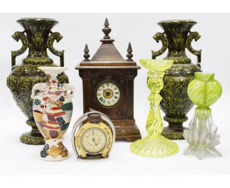 A PAIR OF VILLEROY AND BOCH TWIN HANDLED GREEN GLAZED VASES decorated with cherub and griffin masks, 31cm high; also a Japane