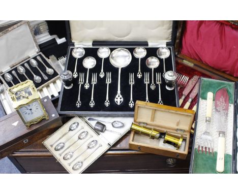 A SELECTION OF SILVER TEASPOONS in cases and a selection of silver plated cutlery, a silver Georgian teaspoon, a Georgian sil