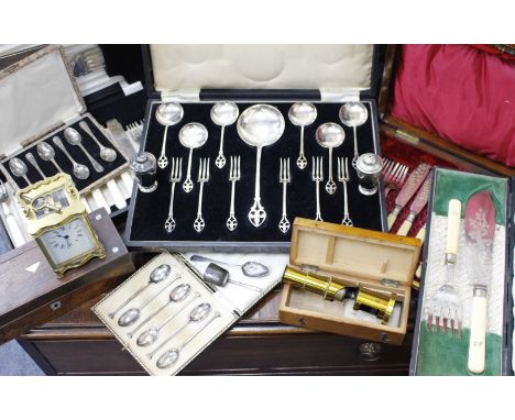 A SELECTION OF SILVER TEASPOONS in cases and a selection of silver plated cutlery, a silver Georgian teaspoon, a Georgian sil