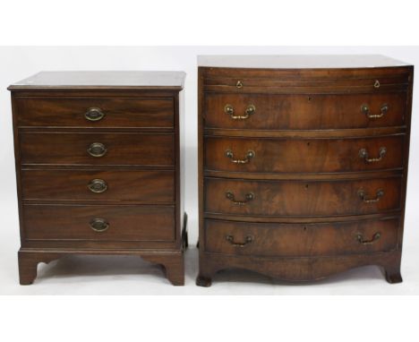 A SMALL SIZED BOW FRONTED CHEST of three long drawers with a brushing slide and splayed bracket feet 80cm wide and a further 