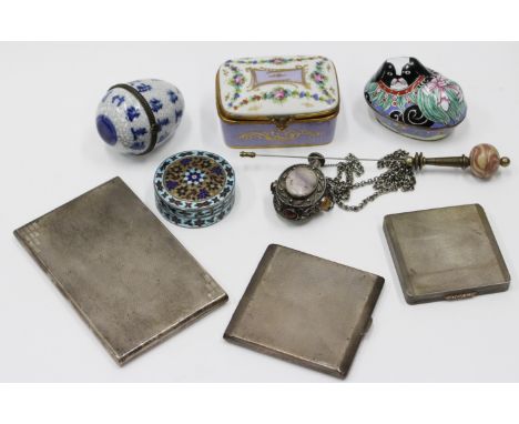 A CONTINENTAL 925 SILVER ENAMEL TRINKET BOX, a British silver powder compact, a Birmingham silver cigarette case and one othe