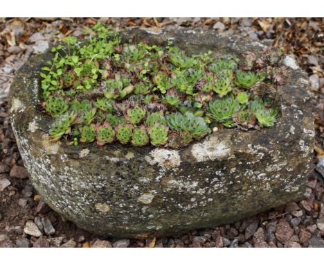 AN 18TH / 19TH CENTURY HAUNTON STONE HORSESHOE SHAPED GARDEN TROUGH, 46cm wide