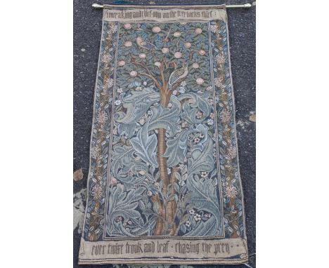 A WALL HANGING TAPESTRY in the style of William Morris, 'Chasing the Wren', woven by Goblyn, label to reverse, 98cm x 48cm