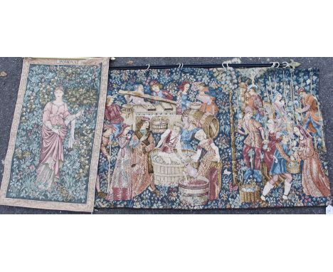 TWO MEDIEVAL STYLE TAPESTRY WALL HANGINGS including one entitled ' Pomona', 79cm x 48cm; and one entitled 'Merry Making', 120