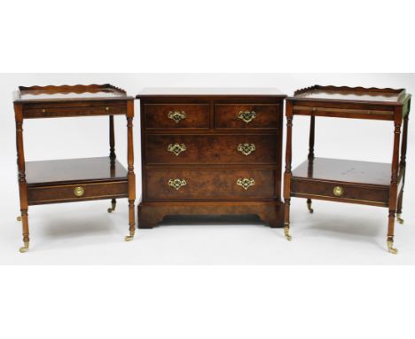 A SMALL BURR WOOD VENEERED GEORGIAN STYLE CHEST OF TWO SHORT AND TWO LONG DRAWERS standing on bracket feet, 66cm wide x 60cm 