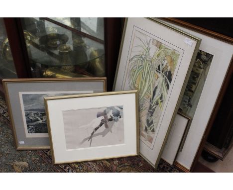 A SELECTION OF ART DECO STYLE WATERCOLOURS AND JAPANESE WOODBLOCK PRINTS, an assortment of prints and oils on canvas includin