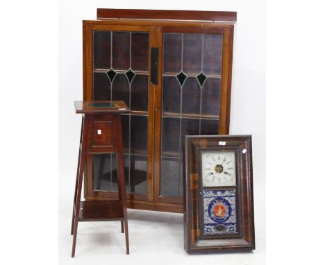 AN EARLY TO MID 20TH CENTURY MAHOGANY DISPLAY CABINET with stained glass panels, a mahogany jardinere stand with tile inset t