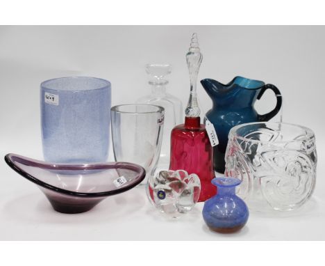 A SELECTION OF STUDIO AND HAND MADE GLASSWARE including a Orrefors clover patterned vase, an Orrefors tapered decanter depict