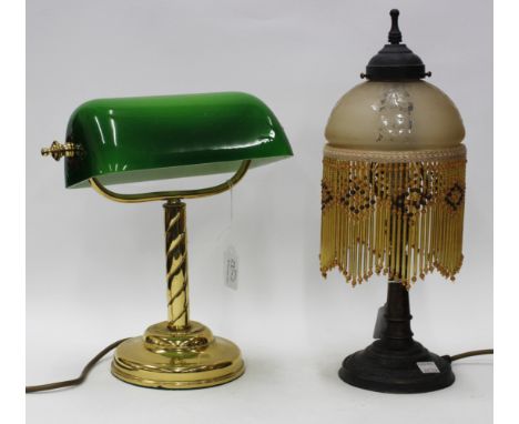 A REGENCY STYLE READING LAMP with green glass shade and one Edwardian table lamp with glass etched shade and beaded droppers 