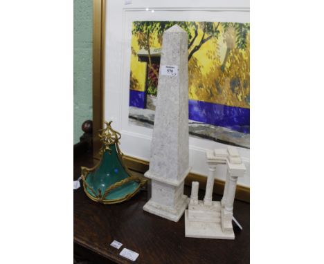 A STONE OBELISK of classical form, 46cm high; a similar model of classical ruins after the Antique, 20cm high; and a green gl