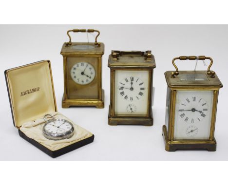 THREE 19TH CENTURY BRASS CASED CARRIAGE CLOCKS, two being French, and a London silver pocket watch with white enamel dial and