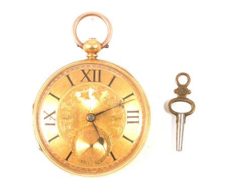 Isaac Wilkinson Leicester - an 18 carat yellow gold open face pocket watch, the gold coloured dial with leaf engraving to cen