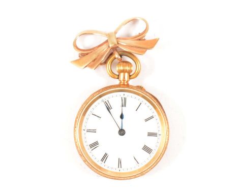 A yellow metal open face pocket watch, white enamel dial with Roman numeral chapter ring in a floral and scroll engraved 33mm