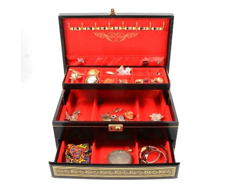 A three tier jewellery box, Sterling leaf brooch; filigree jewellery; medallions; gilt metal brooches; scarf rings; a lady's 