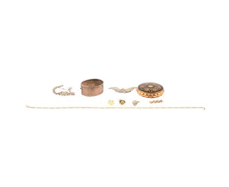 A collection of jewellery and powder compact, a silver 30mm wide half hinged bangle, engraved decoration to front, Birmingham