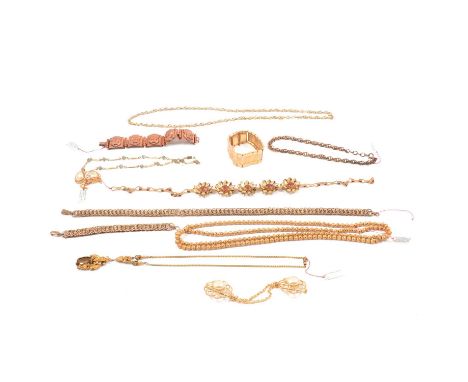 A collection of vintage gilt metal jewellery, a 1940's 10mm wide chain link bracelet and necklace, necklace 44cm; a rope of g