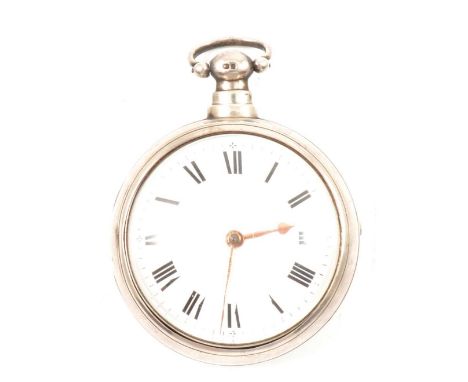 Cha's Clayton London - a silver pair case pocket watch, the white enamel dial having a Roman numeral chapter ring in plain po