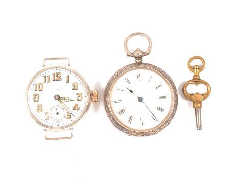 A silver fob watch and silver wrist watch, the fob watch having a 30mm white enamel dial with Roman numeral chapter ring in a