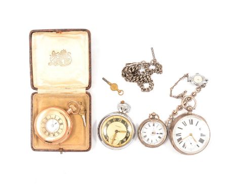 Four pocket watches, an H Samuel of Manchester demi-hunter pocket watch, white enamel dial with a Roman numeral chapter ring 