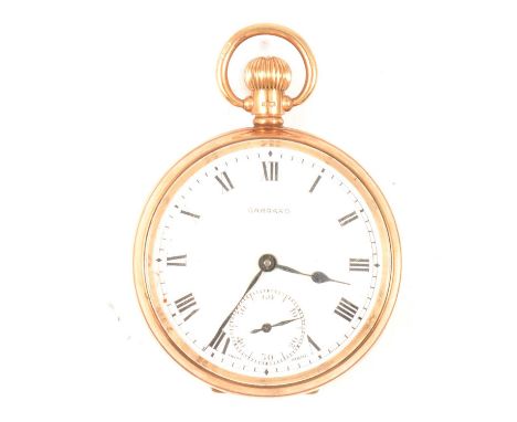 Garrard - a 9 carat yellow gold open face pocket watch, 42mm white enamel dial having a roman numeral chapter ring and subsid