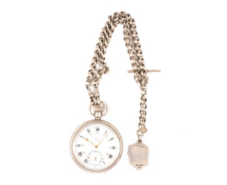 A silver open face pocket watch, the white enamel dial named "Kays Universal Lever" having a Roman numeral chapter ring, inne