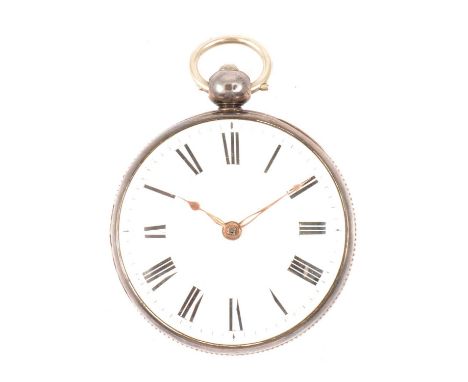 A silver open face pocket watch, the 46mm white enamel dial having a Roman numeral chapter ring in a silver 52mm engine turne