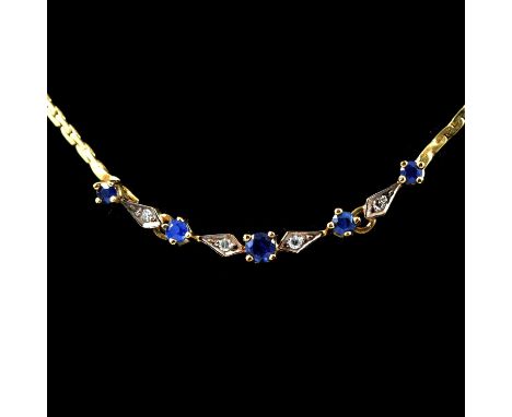 A sapphire and diamond necklace, four claw set sapphires spaced by four 8 cut diamonds in 9 carat white gold arrow shaped lin