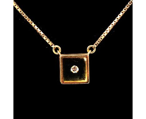 A yellow metal box link chain with perspex pendant, the 9.5mm cube in a gold coloured frame having a clear brilliant cut ston