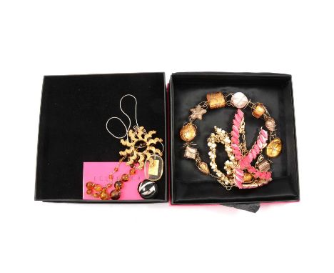 A mid-century wire and Venetian glass bead necklace, testing as silver; a 1950s Trifari necklace with acrylic pink leaves; a 