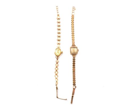 Rotary - two 9 carat yellow gold lady's wrist watches, one having a 9 carat yellow gold rectangular baton dial with hobnail b