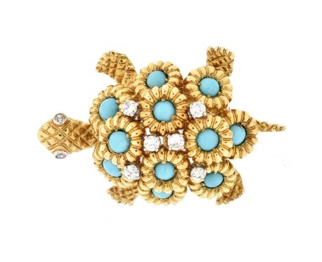 Vintage Diamond, Turquoise and 18 Karat Yellow Gold Turtle Brooch. Unsigned. Measures 1-1/2" L, 1" W. Approx. weight: 20.9 gr