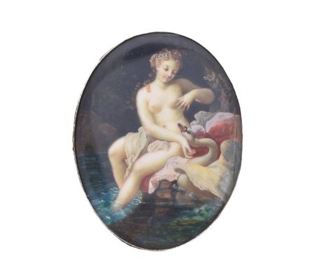 19th C. Hand Painted Portrait Miniature "Leda And The Swan". Oval in wood frame. Unsigned. Oval measures 3-3/8" x 2-1/2", fra