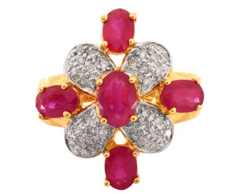 Approx. 3.35 Carat Oval Cut Ruby, .38 Carat Diamond and 18 Karat Yellow Gold Ring. Rubies with vivid color. Stamped 18K 750. 