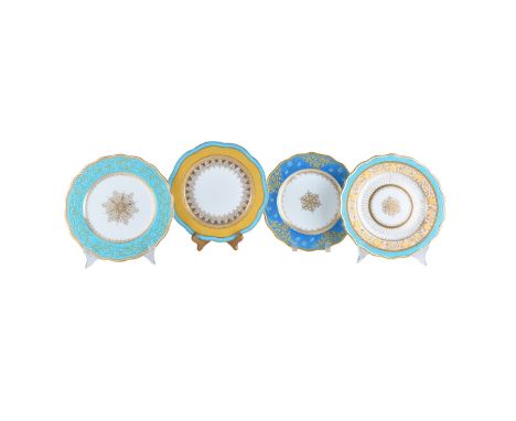 Four (4) Hand Painted Turquoise and Gold Porcelain Cabinet Plates. Measures 10-1/4" dia. 3 marked with English registry marks