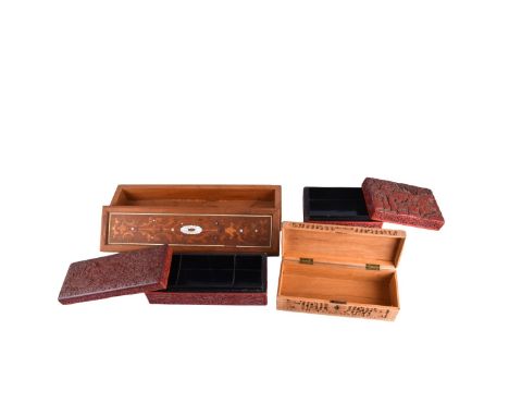 Grouping of Four (4) Vintage Wooden Boxes. Includes: 3 Chinese carved boxes, and 1 French mother of pearl marquetry inlaid bo