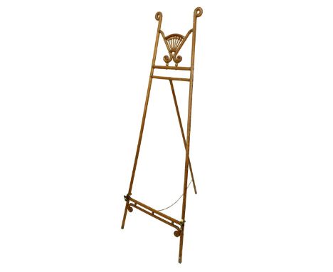 Vintage wood and brass easel. Unsigned. Measures 64" H x 21-1/4" W. Condition: Wear and rubbing. Estimate: $100.00 - $200.00 