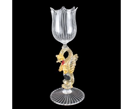 Vintage Venetian Glass Goblet With Dragon Stem. Unsigned. Measures 12-1/2" H. Condition: Good condition. Estimate: $150.00 - 