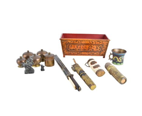 Thirteen (13) Piece Oriental Table Items. Includes: 2 Tibetan chopsticks and knife sets, Cloisonne cup, snuff bottle, 5 brass