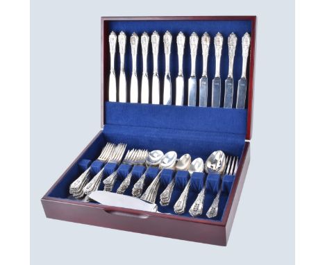 Seventy Seven (77) Piece Set of Wallace Rosepoint Sterling Silver Flatware. Includes: 12 forks 7", 12 salad forks, 14 cream s