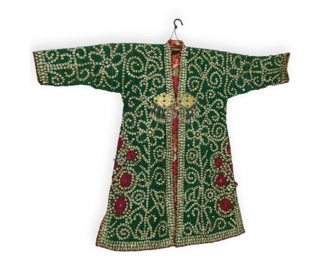 Vintage Turkmen Chyrpy embellished with metal, gemstones and embroidery. Decorative clasp. Unmarked. Measures 43" L x 25" W. 