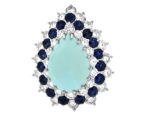 Vintage Approx. 9.0 Carat Round Brilliant Cut Diamond, 5.0 Carat Sapphire, Pear Shape Cabochon Persian Turquoise and 18 Karat