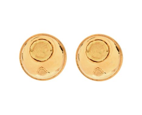 Large Vintage Italian 18 Karat Yellow Gold Earrings with Ancient Coins. Signed, stamped 750, Italian hallmark. Measure 1-5/8"