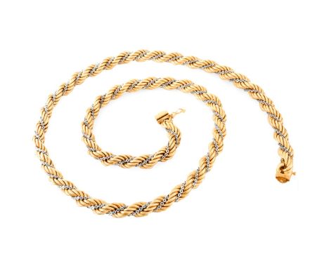 Vintage 14 Karat Yellow and White Gold Rope Chain Necklace. Stamped 14K. Measures 24-1/2" L, 1/4" W. Approx. weight: 53.7 gra