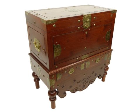 Chinese Brass Mounted Campaign Style Trunk. Two sliding drawers lower. Measures 39" H x 369" W x 20" D. Condition: No key, mi