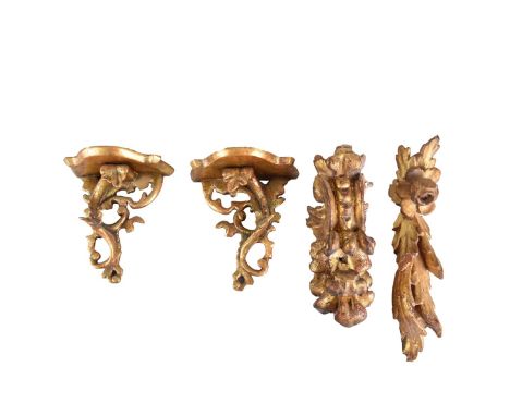 Four (4) Vintage Carved Gilt Wood Wall Brackets. Included: a pair measuring 7-1/4" H x 6-3/4" W, and 2 singles: 14" H x 2-3/4