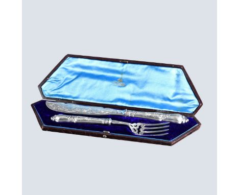 Antique 2 Piece Sterling Silver Fish Carving Set in Fitted Case. Hallmarks to the bowl and the handles, marked AH in rectangl