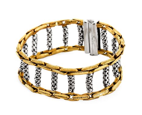 Vintage Italian 14 Karat Yellow and White Gold Ladder Link Bracelet. Stamped Italy 585. Measures 7-1/2" L, 1" W. Approx. weig