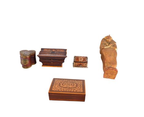 Grouping of Five (5) Vintage Wooden Boxes. Largest measures 3" H x 10" L, smallest measures 2-1/2" H x 3-1/8" W. Condition: O